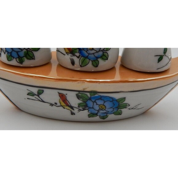 Lustreware Condiment Set Salt Pepper Mustard Jar Boat Peach White Floral Canoe - Picture 11 of 12